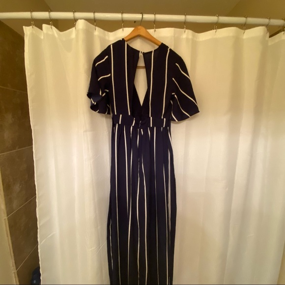 Japna Navy stripe romper jumpsuit deep plunge open back - Picture 6 of 8